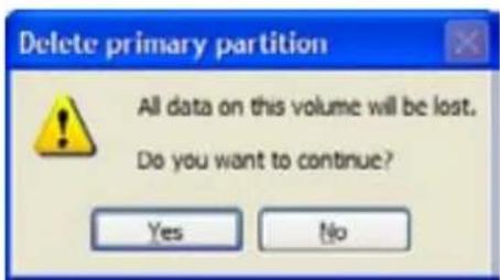 Delete primary partition All data on this volume will be lost. Do you want to continue? Yes No