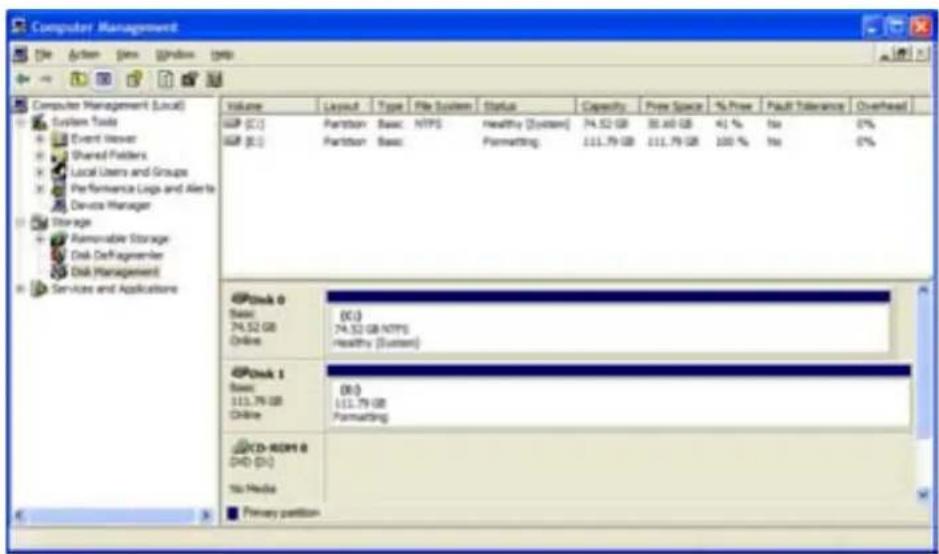 Computer Management File Action View Window Help Volume Layout Type File System Status Capacity Free Space % Free Fault Tolerance Overhead UP (C:) Partition Basic NTPS healthy [System] 74.52 GB 30.60 GB 41 % No 0% UP (E:) Partition Basic Formatting 111.79 GB 111.79 GB 100 % No 0% 40Disk 0 Basic 74.52 GB Online (XC) 74.52 GB NTPS Healthy [System] 40Disk 1 Basic 111.79 GB Online (RC) 111.79 GB Formatting CD-ROM 8 (DVD) (D:) No Media Primary partition