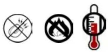 Three safety symbols: no crosshair, flame symbol, and thermometer with red liquid.