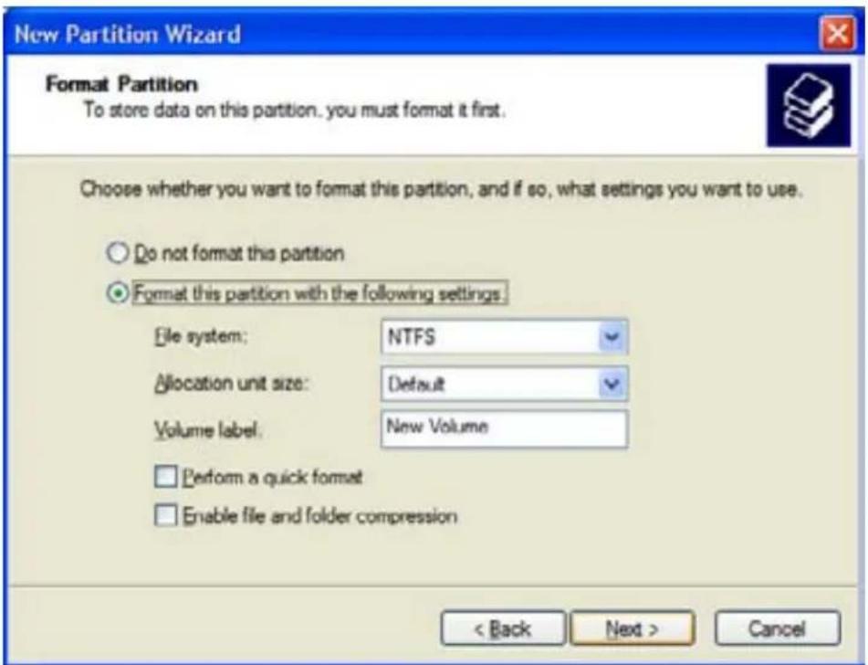New Partition Wizard Format Partition To store data on this partition, you must format it first. Choose whether you want to format this partition, and if so, what settings you want to use. Do not format this partition Format this partition with the following settings: File system: NTFS Allocation unit size: Default Volume label: New Volume Perform a quick format Enable file and folder compression < Back Next > Cancel