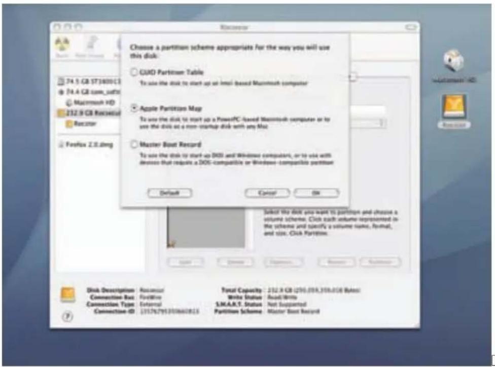 Choose a partition scheme appropriates for the way you will use this disk: CUID Partition Table To use the disk to start up an Intel-based Macintosh computer Apple Partition Map To use the disk to start up a PowerPC based Macintosh computer or to use the disk as a non-startup disk with any Mac Master Boat Record To use the disk to start up DOS and Windows computers, or to use with devices that require a DOS-compatible or Windows-compatible partition Default Cancel OK Disk Description Renewal Connection Bus Frontline Connection Type External Connection ID:L3176795300660813 Total Capacity: 212.4 GB (250,018,350,016 Bytes) Write Status Road Rights S.M.A.R.S. Status Not Supported Partition Scheme: Master Boat Record