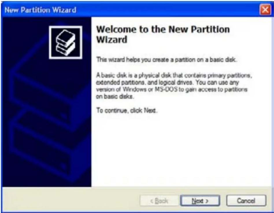 New Partition Wizard Welcome to the New Partition Wizard This wizard helps you create a partition on a basic disk. A basic disk is a physical disk that contains primary partitions, extended partitions, and logical drives. You can use any version of Windows or MS-DOS to gain access to partitions on basic disks. To continue, click Next.
