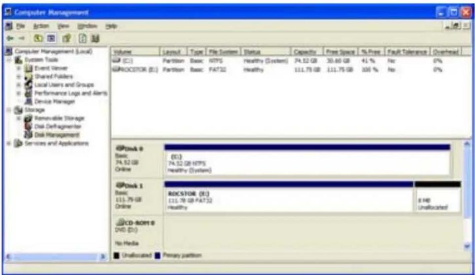 Computer Management File Action View Window Help Computer Management (Local) System Tools Event Viewer Shared Polders Local Users and Groups Performance Logs and Alerts Device Manager Storage Removable Storage Disk Defragmenter Disk Management Services and Applications Volume Layout Type File System Status Capacity Prest Space % Pree Fault Tolerance Overhead (C:) Partition Basic HTTPS Healthy (System) 74.52 GB 30.60 GB 41 % Nos 0% PROCSTOR (C:) Partition Basic FAT32 Healthy 111.75 GB 111.75 GB 105 % Nos 0% #Clock 0 Basic 74.52 GB Online (C:) 74.52 GB HTTPS healthy (System) #Clock 1 Basic 111.79 GB Online ROCSTOR (C:) (11.79 GB FAT32) Healthy 0 H0 Unallocated CD-ROM 0 DVD (D:) No Media Unallocated Primary partition