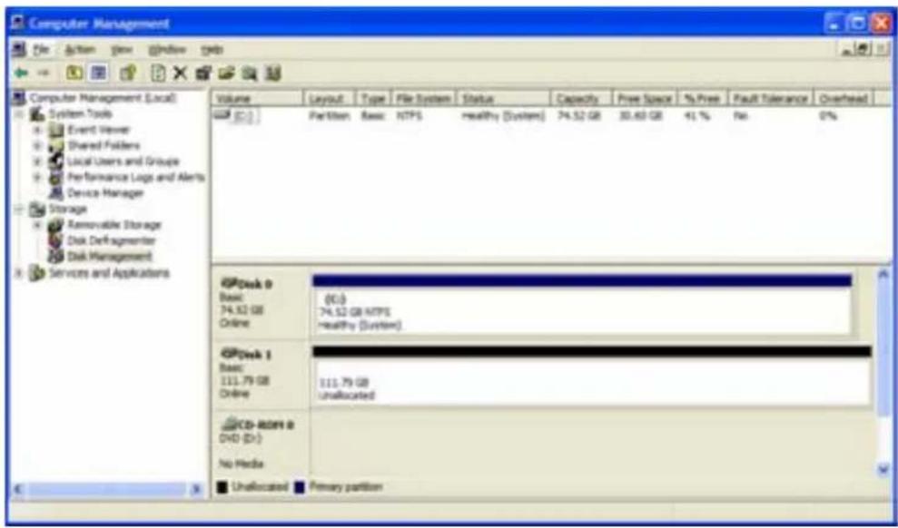 Computer Management File Edit View Window Tools Computer Management (Local) System Tools Event Viewer Shared Posters Local Users and Groups Performance Logs and Alerts Device Manager Storage Removable Storage Disk Defragmenter Disk Management Services and Applications Volume Layout Type File System Status Capacity Free Space % Free Fault Tolerance Overhead C: Partition Basic NTPS healthy [System] 74.52 GB 30.60 GB 41% No 0% Disk 0 Basic 74.52 GB NTPS healthy [System] Disk 1 Basic 111.79 GB Unallocated Disk Adders 0 DVD (D:) No Media Unallocated Primary partition