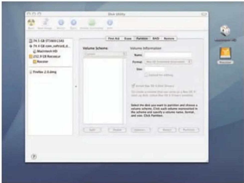 Disk utility 74.3 GB (T7580913A) 74.4 GB com._selfprint_d_ Macintosh HD 212.9 GB Raccsecur Racstor Forelox 2.0.dwg First Aid Save Partition RAD Restore Volume Scheme: Name: Format: Size: Imported for disk Imported from disk Select the disk you want to partition and choose a volume scheme. Click each volume represented in the scheme and specify a volume name, format, and size. Click Partition. Volume Information Name: Format: Size: Imported for disk Imported from disk Select the disk you want to partition and choose a volume scheme. Click each volume represented in the scheme and specify a volume name, format, and size. Click Partition. Light Delete Collapse Remove Restore