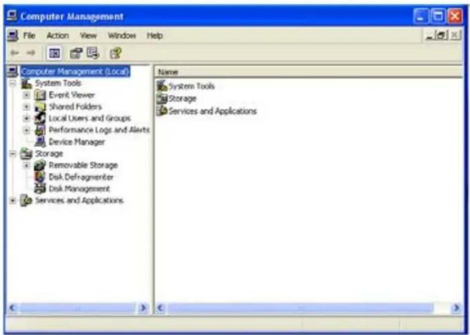 Computer Management File Action View Window Help Computer Management (Local) System Tools Event Viewer Shared Folders Local Users and Groups Performance Logs and Alerts Device Manager Storage Removable Storage Disk Defragmenter Disk Management Services and Applications Name System Tools Storage Services and Applications