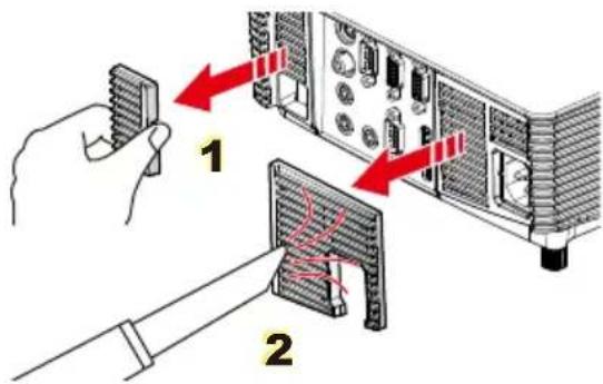 Diagram showing two labeled components (1 and 2) with red arrows pointing to a device panel, likely illustrating a process or assembly.