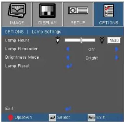 IMAGE DISPLAY SETUP OPTIONS OPTIONS | Lamp Settings Lamp Hours 1500 Lamp Reminder Off Brightness Mode Bright Lamp Reset Exit UpDown Select Exit