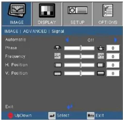 IMAGE | ADVANCED | Signal Automatic Off Phase 0 Frequency 0 H. Position 0 V. Position 0 Exit UpDown Select Exit
