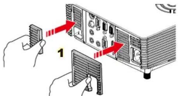 Diagram showing two hands inserting a component into a server rack, with red arrows indicating direction and label '1' visible.