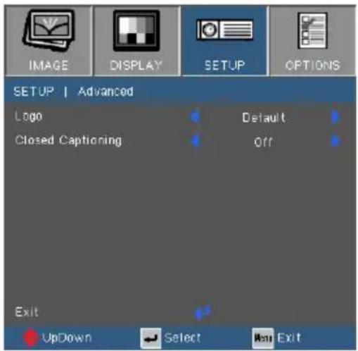 IMAGE DISPLAY SETUP OPTIONS SETUP | Advanced Logo Closed Captioning Default Off Exit UpDown Select Next Exit