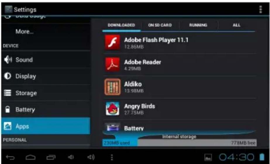 Settings Data usage More... DEVICE Sound Display Storage Battery Apps PERSONAL DOWN/DADED ON 5D CARD RUNNING ALL Adobe Flash Player 11.1 12.86MB Adobe Reader 4.29MB Aldiko 13.98MB Angry Birds 27.75MB Battery Internal storage 230MB used 778MB free