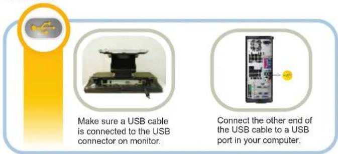 Make sure a USB cable is connected to the USB connector on monitor. Connect the other end of the USB cable to a USB port in your computer.