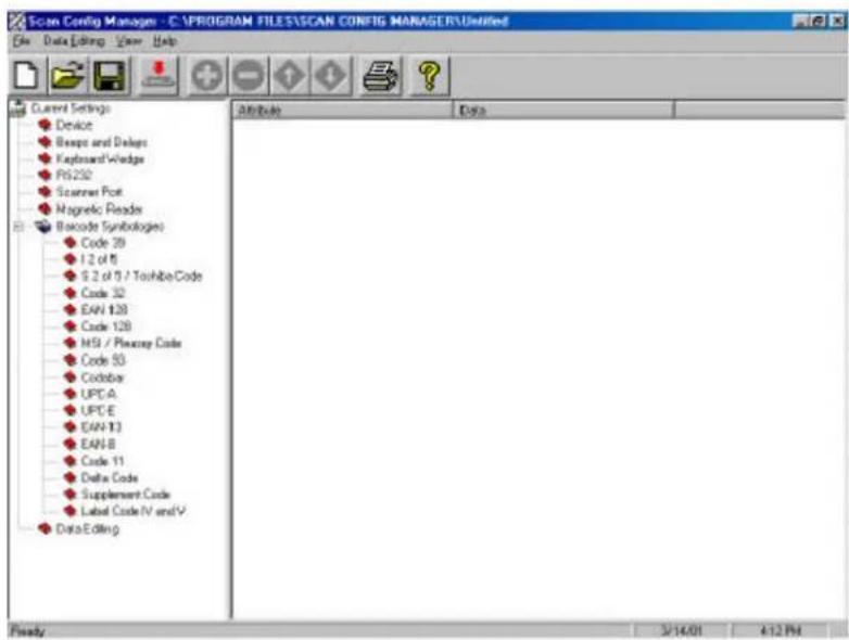 Scan Config Manager - C:\PROGRAM FILES\SCAN CONFIG MANAGER\Unfilled File Data Editing View Help Current Settings Device Beaps and Designs Keyboard Wedges PS230 Scanout Port Magnelic Reads Barcode Symbologies Code 29 1.2 of 5 S.2 of 5 / Toshiba Code Code 32 EAN 128 Code 128 MSI / Ploacce Code Code 53 Clobbar UPC.A UPC.E EAN 13 EAN.B Code 11 Delta Code Supplement Code Label Code IV and V Data Editing Attribute Data Ready 3/14/01 4:12 PM