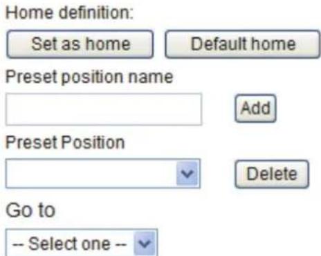 Home definition: Set as home Default home Preset position name Add Preset Position Delete Go to -- Select one --