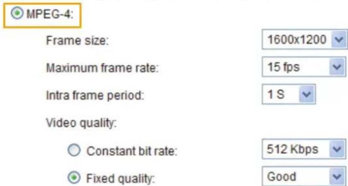 MPEG-4: Frame size: 1600x1200 Maximum frame rate: 15 fps Intra frame period: 1 S Video quality: Constant bit rate: 512 Kbps Fixed quality: Good