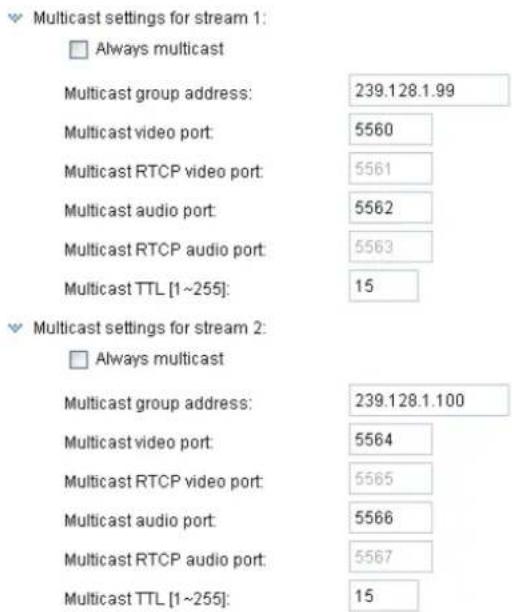 Multicast settings for stream 1: □ Always multicast Multicast group address: 239.128.1.99 Multicast video port: 5560 Multicast RTCP video port: 5561 Multicast audio port: 5562 Multicast RTCP audio port: 5563 Multicast TTL [1~255]: 15 Multicast settings for stream 2: □ Always multicast Multicast group address: 239.128.1.100 Multicast video port: 5564 Multicast RTCP video port: 5565 Multicast audio port: 5566 Multicast RTCP audio port: 5567 Multicast TTL [1~255]: 15