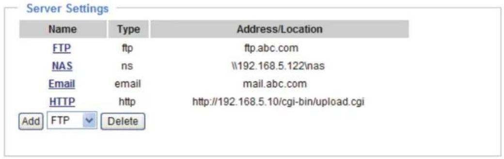 Server Settings Name Type Address/Location FTP ftp ftp.abc.com NAS ns \192.168.5.122\nas Email@email mail.abc.com HTTP http http://192.168.5.10/cgi-bin/upload.cgi Add FTP Delete