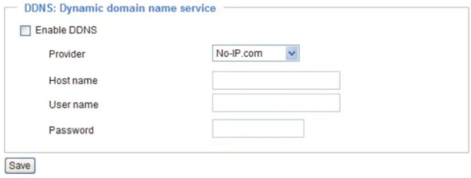 DDNS: Dynamic domain name service Enable DDNS Provider No-IP.com Host name User name Password Save