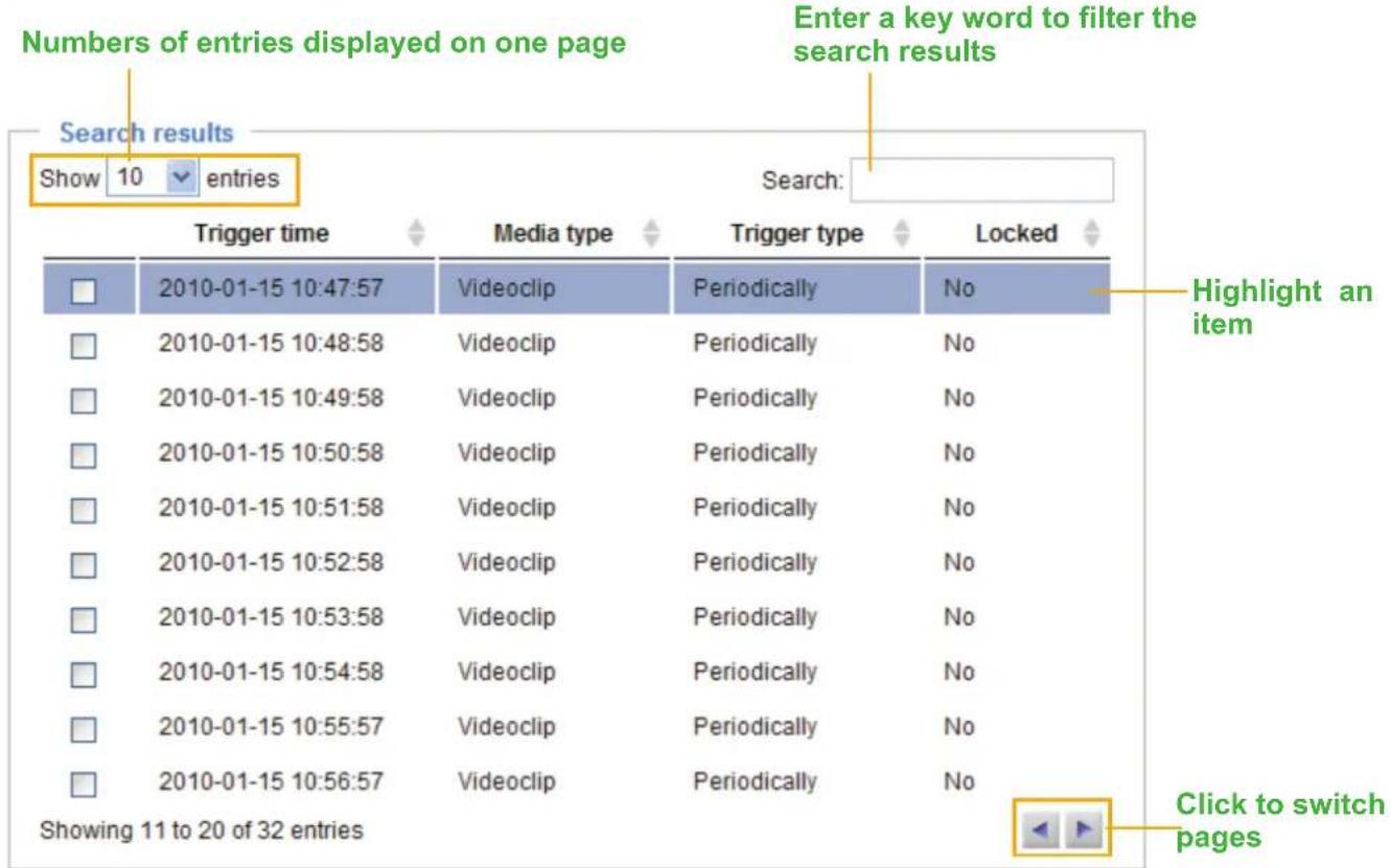 Numbers of entries displayed on one page Enter a key word to filter the search results Show 10 entries Search: Trigger time Media type Trigger type Locked 2010-01-15 10:47:57 Videoclip Periodically No 2010-01-15 10:48:58 Videoclip Periodically No 2010-01-15 10:49:58 Videoclip Periodically No 2010-01-15 10:50:58 Videoclip Periodically No 2010-01-15 10:51:58 Videoclip Periodically No 2010-01-15 10:52:58 Videoclip Periodically No 2010-01-15 10:53:58 Videoclip Periodically No 2010-01-15 10:54:58 Videoclip Periodically No 2010-01-15 10:55:57 Videoclip Periodically No 2010-01-15 10:56:57 Videoclip Periodically No Highlight an item Showing 11 to 20 of 32 entries Click to switch pages