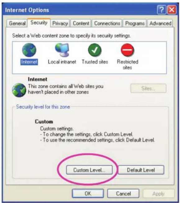 Internet Options General Security Privacy Content Connections Programs Advanced Select a Web content zone to specify its security settings. Internet Local intranet Trusted sites Restricted sites Internet This zone contains all Web sites you haven't placed in other zones Sites... Security level for this zone Custom Custom settings. - To change the settings, click Custom Level. - To use the recommended settings, click Default Level. Custom Level... Default Level OK Cancel Apply