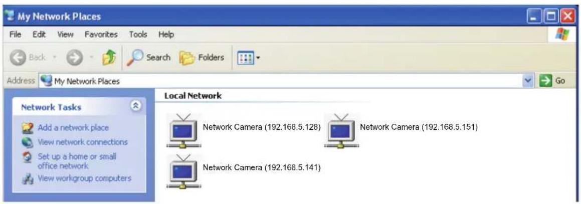 My Network Places File Edit View Favorites Tools Help Back Search Folders Address My Network Places Network Tasks Add a network place View network connections Set up a home or small office network View workgroup computers Local Network Network Camera (192.168.5.128) Network Camera (192.168.5.151) Network Camera (192.168.5.141)
