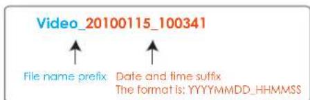 Video_20100115_100341 File name prefix Date and time suffix The format is: YYYYMMDD_HHMMSS