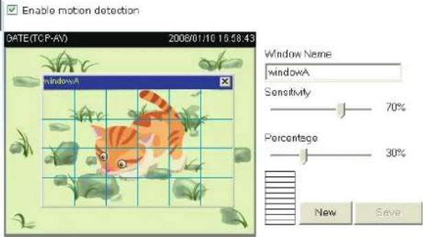 Enable motion detection GATE(TCP-AV) 2008/01/10 10:58:43 Window A Window Name windowA Sensitivity 70% Percentage 30% New Save
