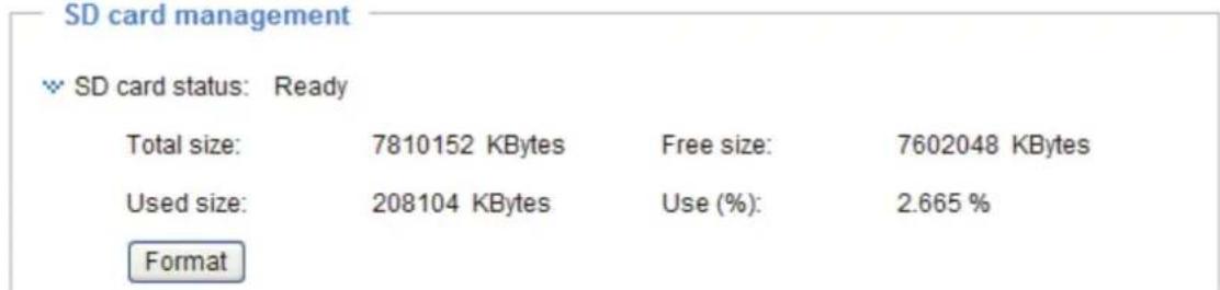 SD card management SD card status: Ready Total size: 7810152 KBytes Free size: 7602048 KBytes Used size: 208104 KBytes Use (%): 2.665 % Format