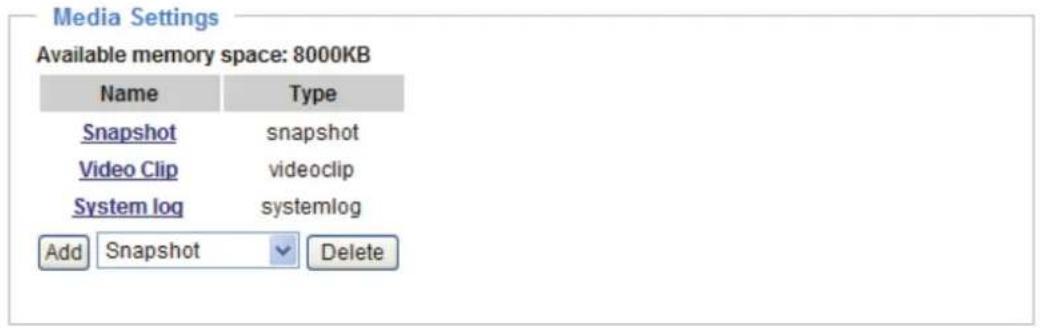 Media Settings Available memory space: 8000KB Name Type Snapshot snapshot Video Clip Smadeclip System log Systemlog Add Snapshot Delete