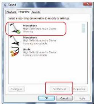 Sound Playback Recording Snolds Select a recording device below to modify its settings Microphone High Definition Audio Device Warning Microphone High Definition Audio Device Currently unavailable Line in High Definition Audio Device Currently unavailable Configure Set Default Properties OK Cancel Apply