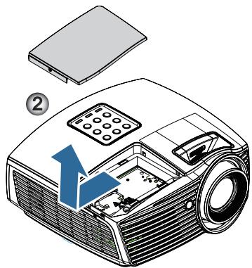 Diagram of an projector with labeled parts and a blue arrow indicating the process, showing internal components and part number ②.