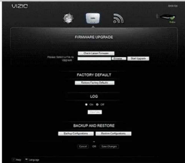 VIZIO XW100 Delay FIRMWARE UPGRADE Quick Launch Firmware Please Select a File to Upgrade Browse... Start Upgrade FACTORY DEFAULT Restore Factory Defaults LOG On Off Save List BACKUP AND RESTORE Backup Configurations Restore Configurations Cancel OR Save Changes Help Language