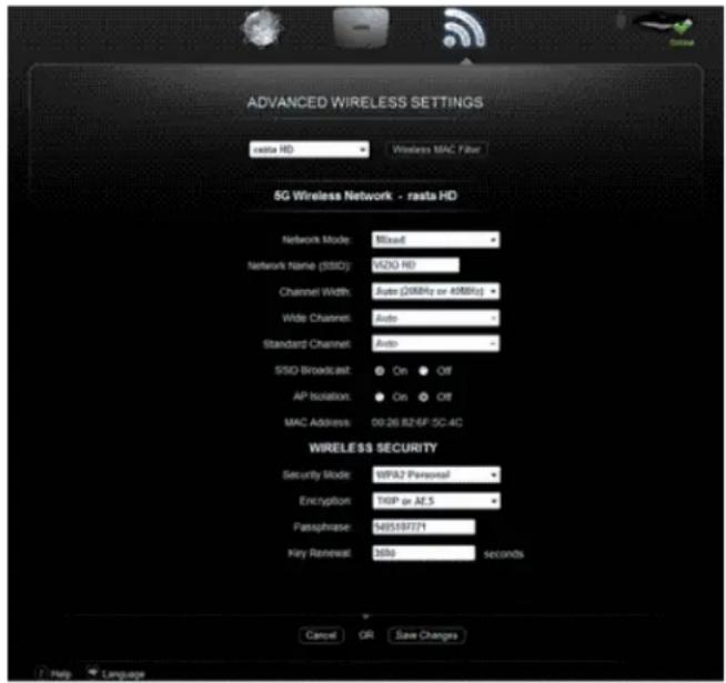 ADVANCED WIRELESS SETTINGS rasta HD Wireless MAC Filter 5G Wireless Network - rasta HD Network Mode: Mixed Network Name (SSD): S202 HD Channel Width: Auto (26MHz or 40MHz) Wide Channel: Auto Standard Channel: Auto SSD Broadcast: On Off AP Isolation: On Off MAC Address: 09.26.R2.6F.SC.4C WIRELESS SECURITY Security Mode: WPS2 Passpinal Encryption: HOP or AE.5 Passphrase: MS/83771 Key Renewal: 300s 1seconds Cancel OR Save Changes Help Language