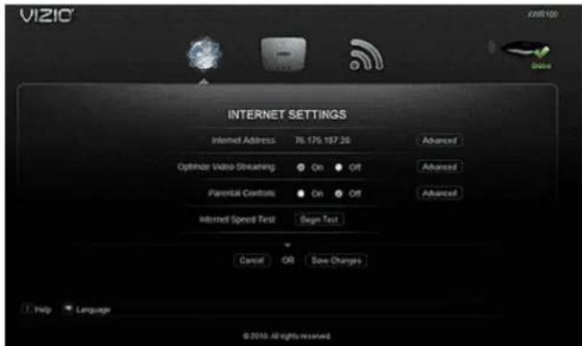VIZIO X2010 Internet SETTINGS Internet Address: 76.175.187.20 Advanced Optimize Video Streaming On Off Advanced Parental Contacts On Off Advanced Internet Speed Test Sign Test Cancel OR Save Changes Help Language © 2010 All rights reserved
