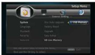 Setup Menu General Settings System Language Bluetooth Security Network Blue Job Installations Factory Board Upgrade Sany Setup 3D Live Memory USB Memory Save the system to access the system Then use the bit key to select