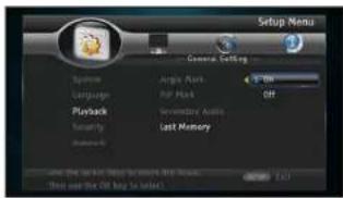 Setup Menu General Settings System Play Language Playback Security Memory Angle Lock Port Lock Secondary Audio Last Memory OFF 2.01