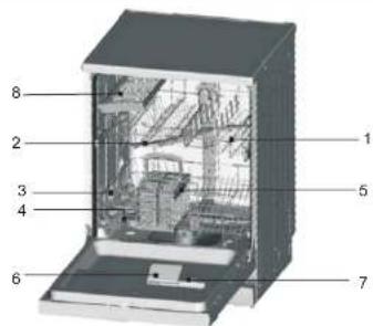 Technical diagram of an open refrigerator with numbered parts labeled for identification