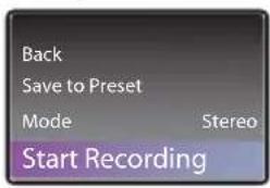 Back Save to Preset Mode Stereo Start Recording