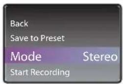 Back Save to Preset Mode Stereo Start Recording