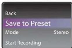 Back Save to Preset Mode Stereo Start Recording