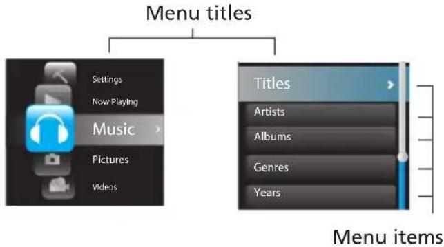 Menu titles Settings Now Playing Music Pictures Videos Titles Artists Albums Genres Years Menu items