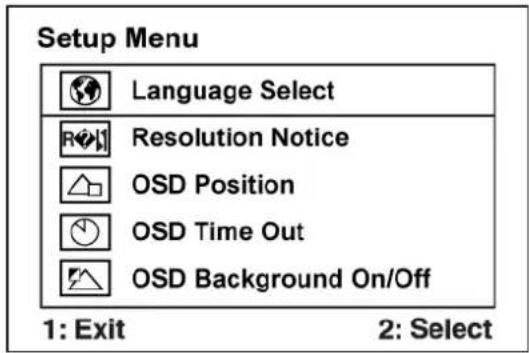 Setup Menu Language Select Resolution Notice OSD Position OSD Time Out OSD Background On/Off 1: Exit 2: Select
