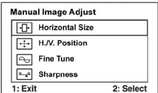 Manual Image Adjust Horizontal Size H./V. Position Fine Tune Sharpness 1: Exit 2: Select