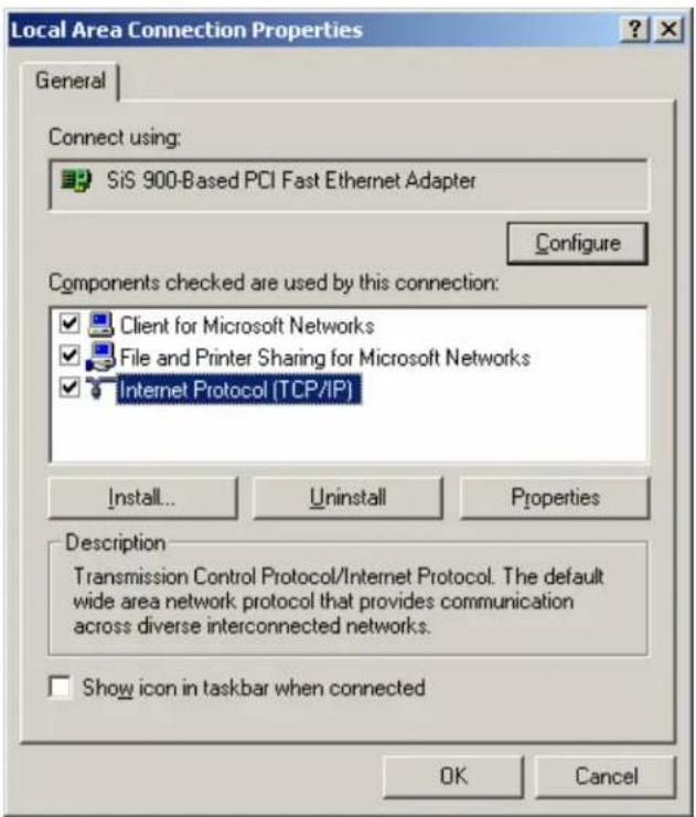 Local Area Connection Properties General Connect using: SiS 900-Based PCI Fast Ethernet Adapter Configure Components checked are used by this connection: ✓ Client for Microsoft Networks ✓ File and Printer Sharing for Microsoft Networks ✓ Internet Protocol (TCP/IP) Install... Uninstall Properties Description Transmission Control Protocol/Internet Protocol. The default wide area network protocol that provides communication across diverse interconnected networks. Show icon in taskbar when connected OK Cancel