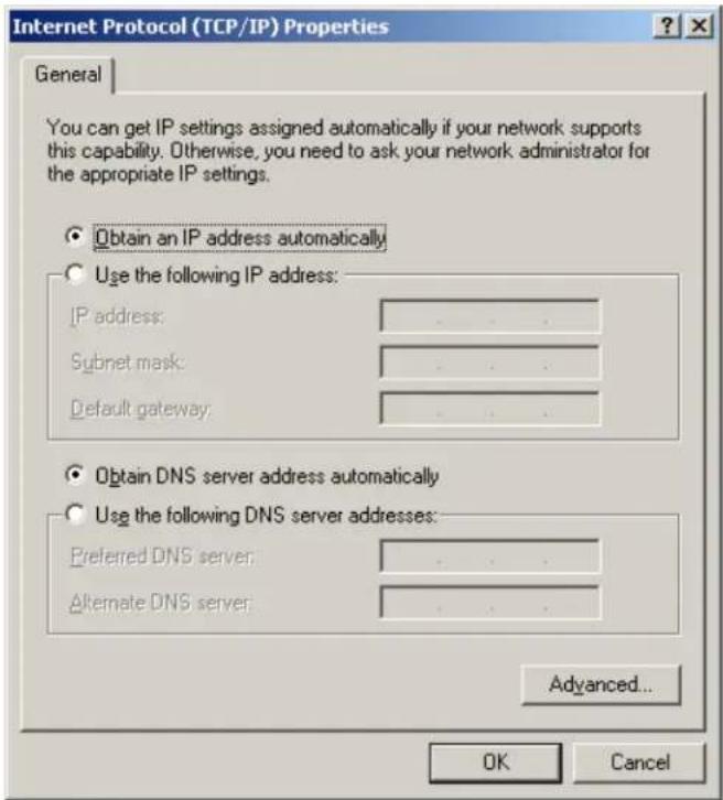 Internet Protocol (TCP/IP) Properties General You can get IP settings assigned automatically if your network supports this capability. Otherwise, you need to ask your network administrator for the appropriate IP settings. Obtain an IP address automatically Use the following IP address: IP address: Subnet mask: Default gateway: Obtain DNS server address automatically Use the following DNS server addresses: Preferred DNS server: Alternate DNS server: Advanced... OK Cancel