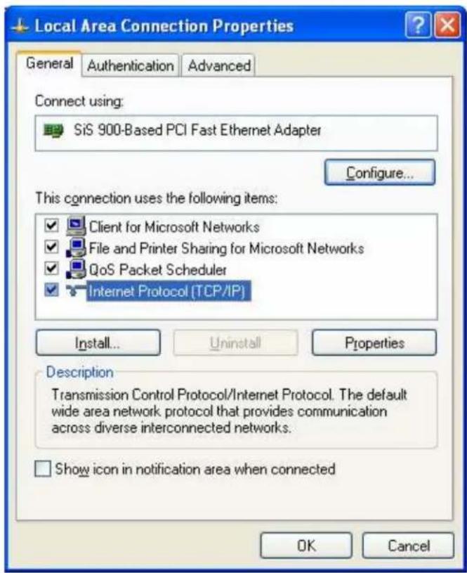 Local Area Connection Properties General Authentication Advanced Connect using: SiS 900-Based PCI Fast Ethernet Adapter Configure... This connection uses the following items: ✓ Client for Microsoft Networks ✓ File and Printer Sharing for Microsoft Networks ✓ QoS Packet Scheduler ✓ Internet Protocol (TCP/IP) Install... Uninstall Properties Description Transmission Control Protocol/Internet Protocol. The default wide area network protocol that provides communication across diverse interconnected networks. Show icon in notification area when connected OK Cancel