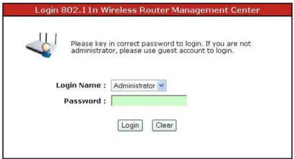 Login 802.11n Wireless Router Management Center Please key in correct password to login. If you are not administrator, please use guest account to login. Login Name : Administrator Password : Login Clear