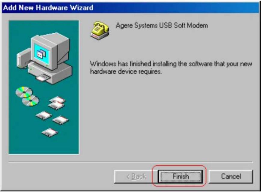 Add New Hardware Wizard Agere Systems USB Soft Modem Windows has finished installing the software that your new hardware device requires. < Back Finish Cancel