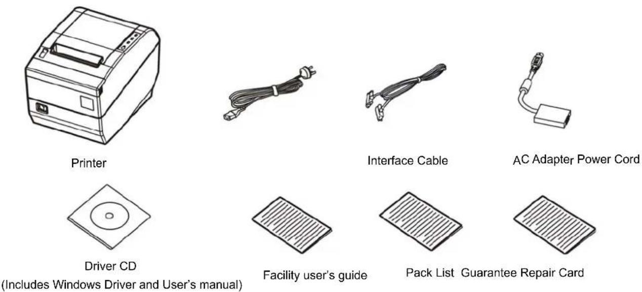 Printer Driver CD (Includes Windows Driver and User's manual) Interface Cable Facility user's guide Pack List Guarantee Repair Card AC Adapter Power Cord